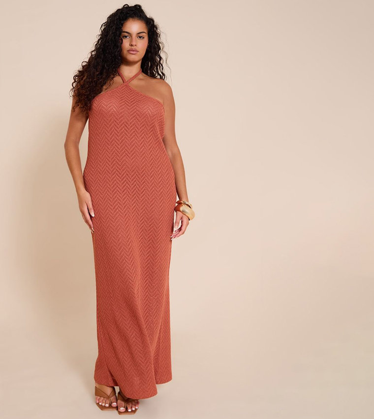 Prettylittlething Red Strappy Tie Waist Fishtail Midi Dress Buy  PrettyLittleThing Curve Textured Tie Halter Maxi Dress