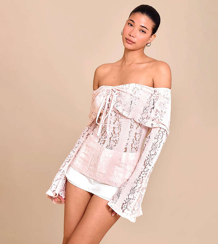 Fitted Lace Flared Sleeves Bardot Top