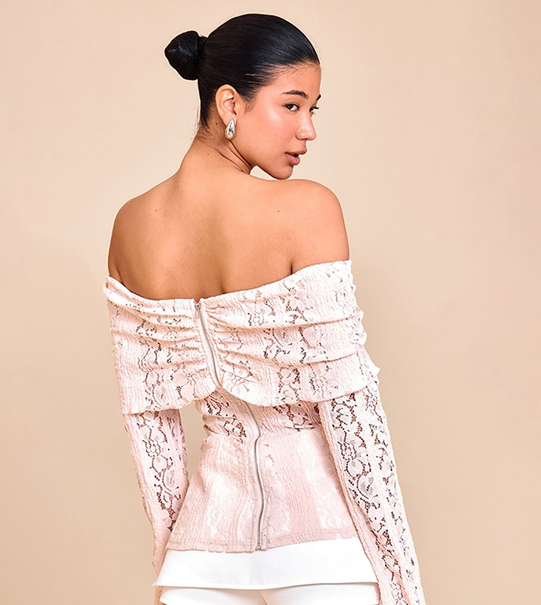 Fitted Lace Flared Sleeves Bardot Top