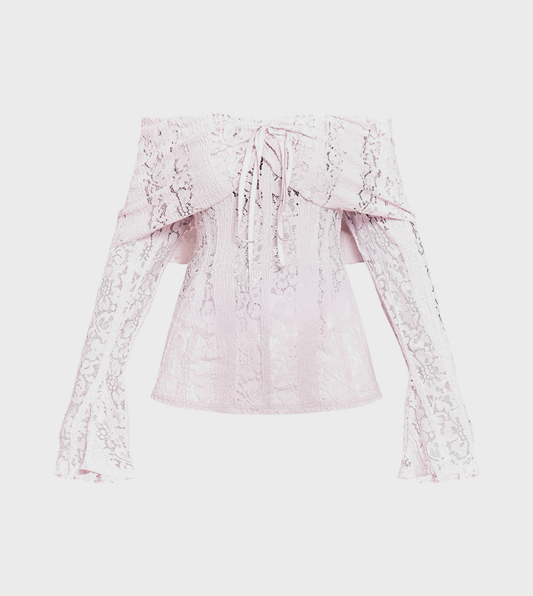 Fitted Lace Flared Sleeves Bardot Top