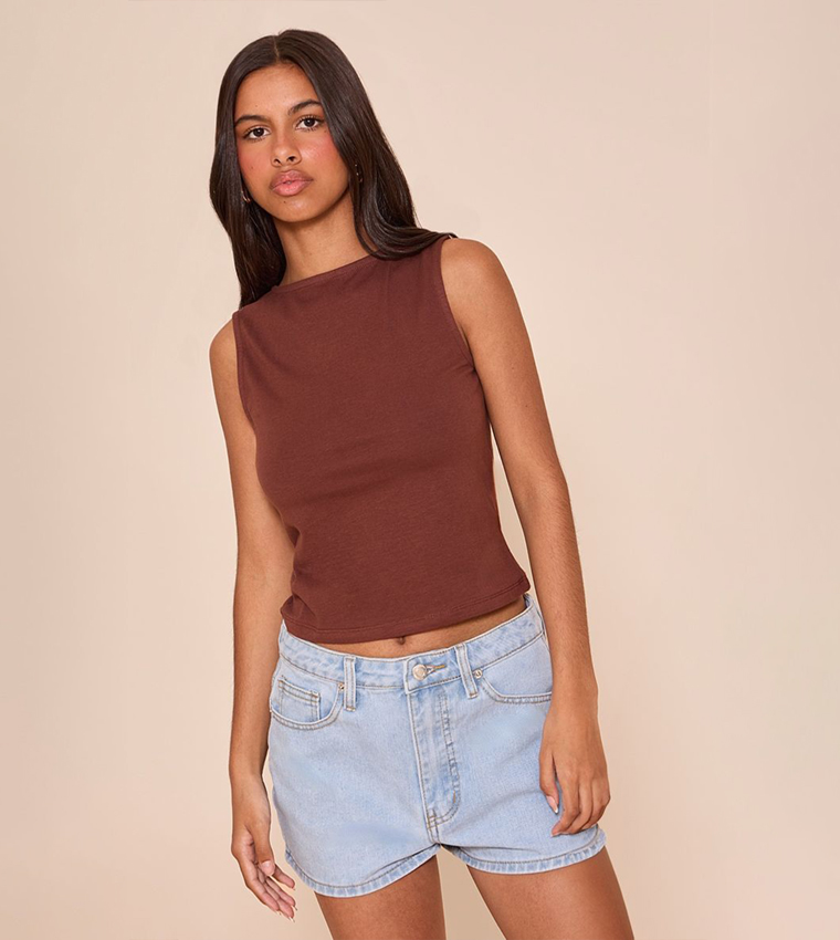 Petite Soft Boat Neck Sleeveless Crop Top