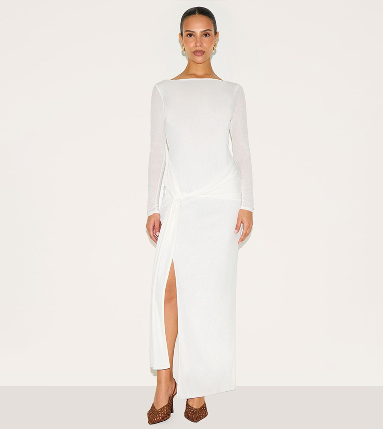 Petite Long Sleeves Sheer Tie Front Maxi Dress