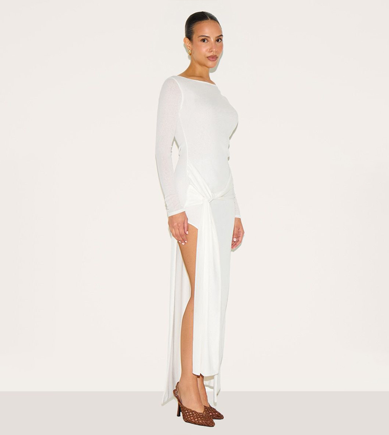 Petite Long Sleeves Sheer Tie Front Maxi Dress