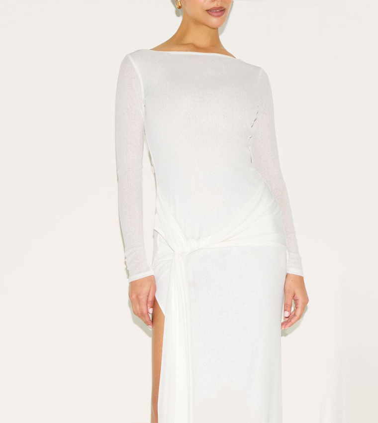 Petite Long Sleeves Sheer Tie Front Maxi Dress