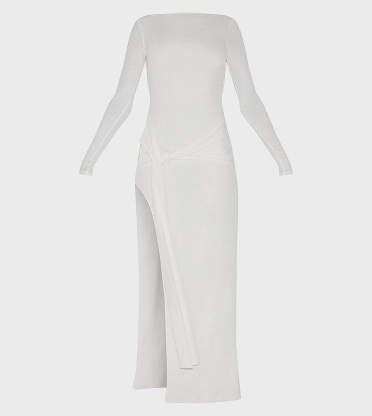 Petite Long Sleeves Sheer Tie Front Maxi Dress