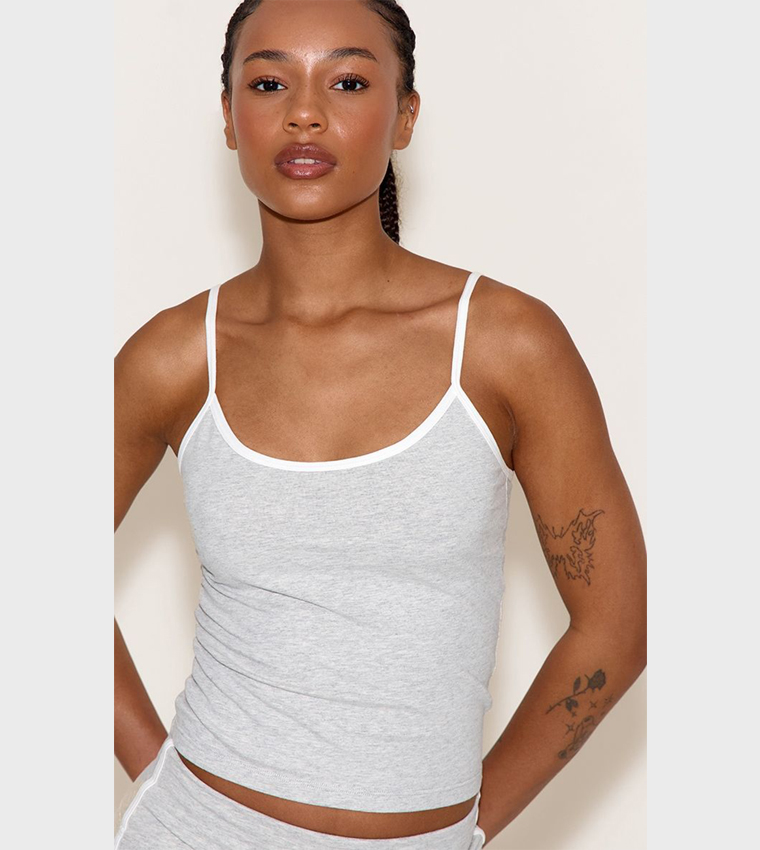 Petite Ash Sculpt Contrast Detail Strappy Gym Top