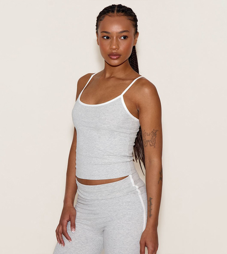Petite Ash Sculpt Contrast Detail Strappy Gym Top