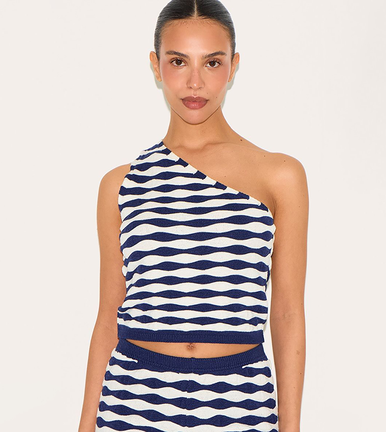 Petite One Shoulder Striped Fitted Crop Top