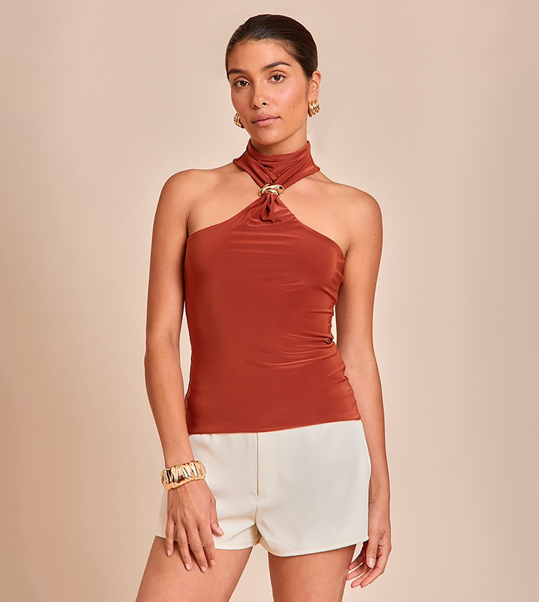 Petite Halterneck Trim Detail Long Top