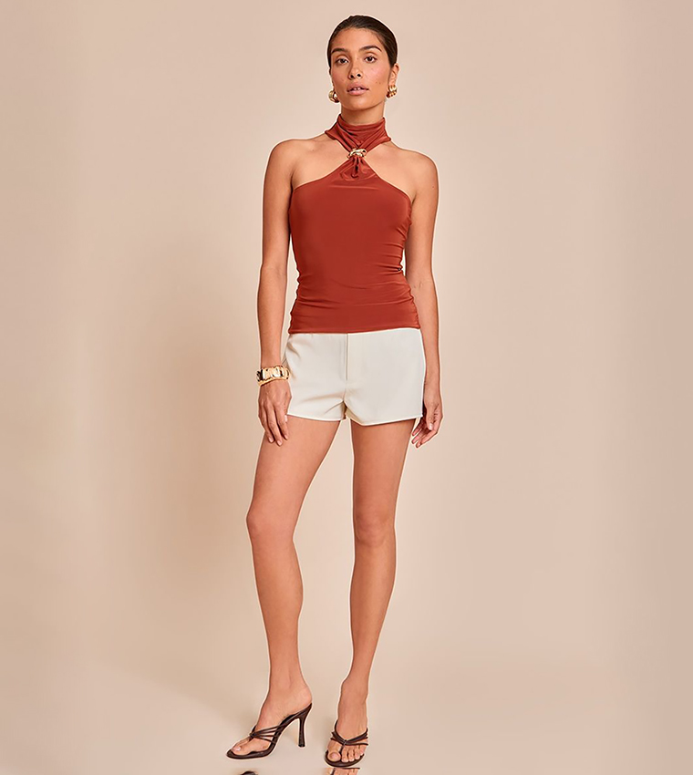 Petite Halterneck Trim Detail Long Top