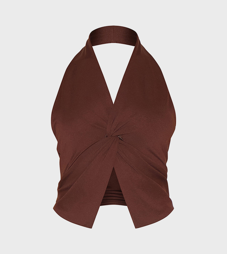 Petite Halterneck Twist Detail Crop Top