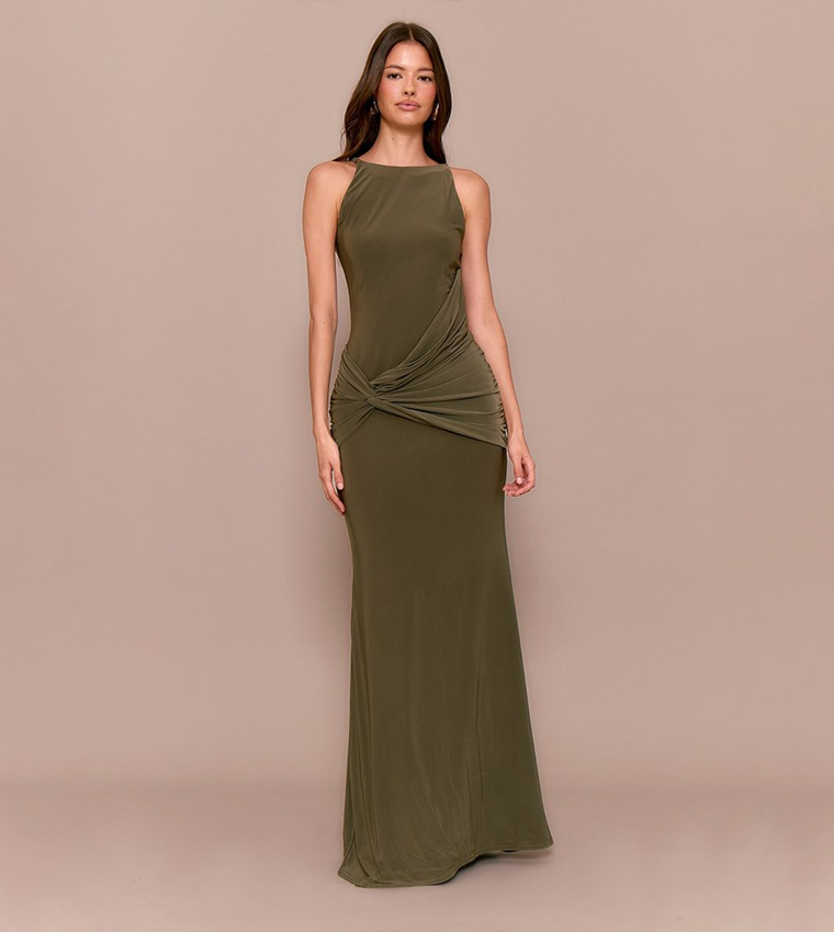 Double Layer Slinky Twisted Front Halterneck Maxi Dress
