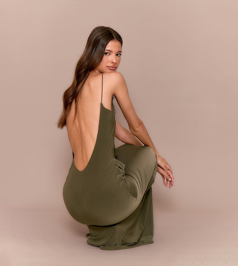 Double Layer Slinky Twisted Front Halterneck Maxi Dress