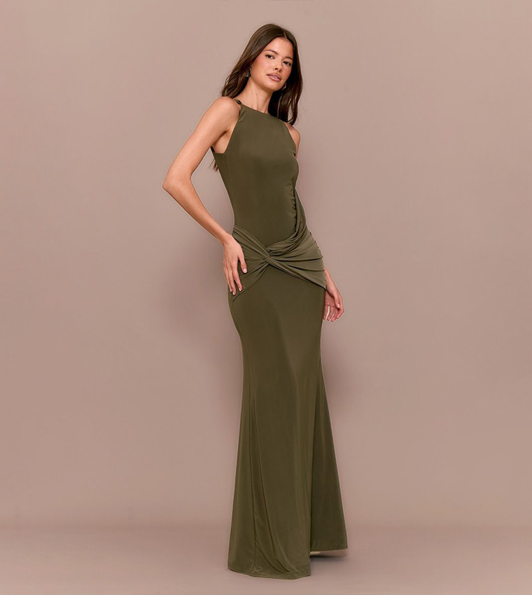 Double Layer Slinky Twisted Front Halterneck Maxi Dress