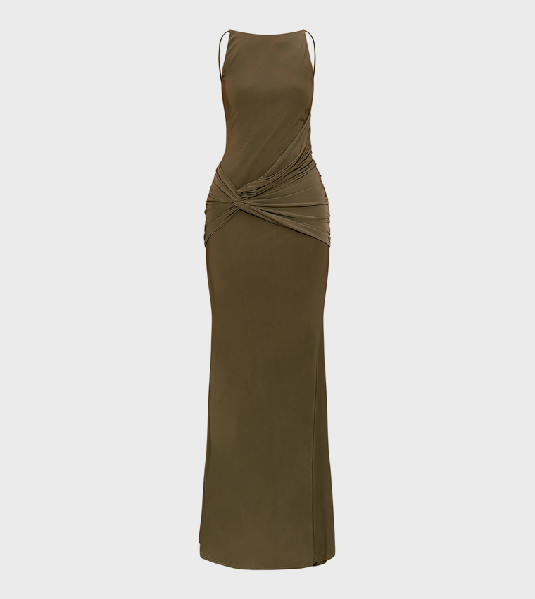 Double Layer Slinky Twisted Front Halterneck Maxi Dress