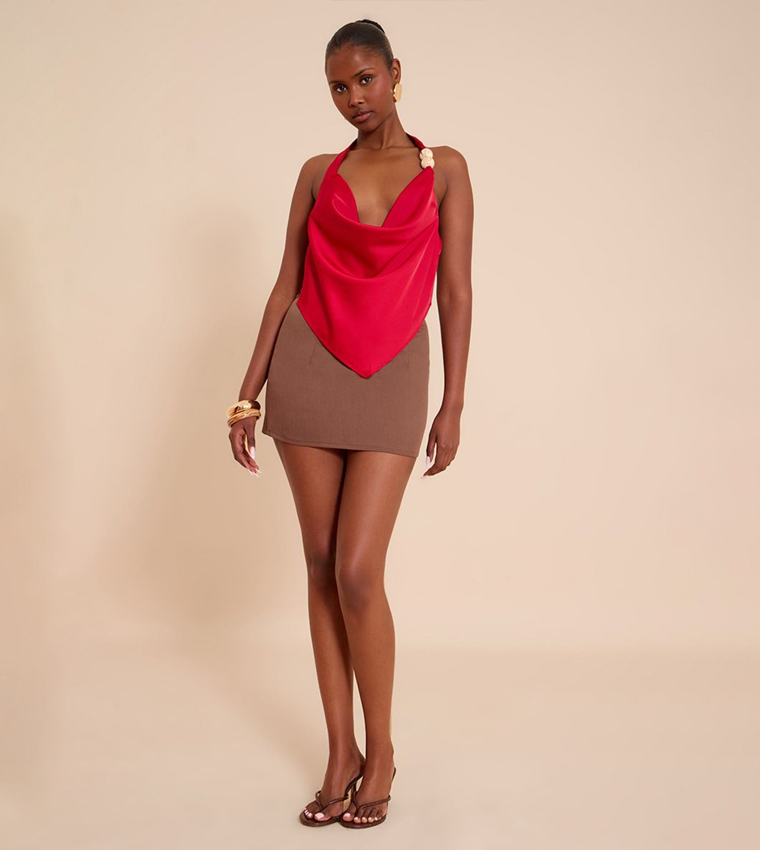 Satin Bead Detail Backless Crop Top