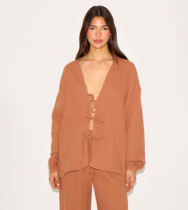 Solid Cheesecloth Textured Tie Front Shirt