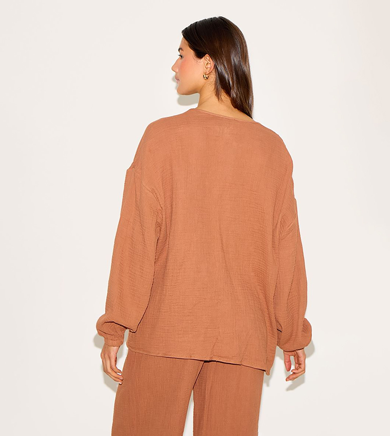 Solid Cheesecloth Textured Tie Front Shirt