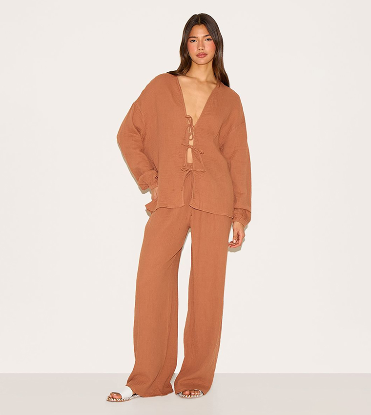 Solid Cheesecloth Textured Tie Front Shirt