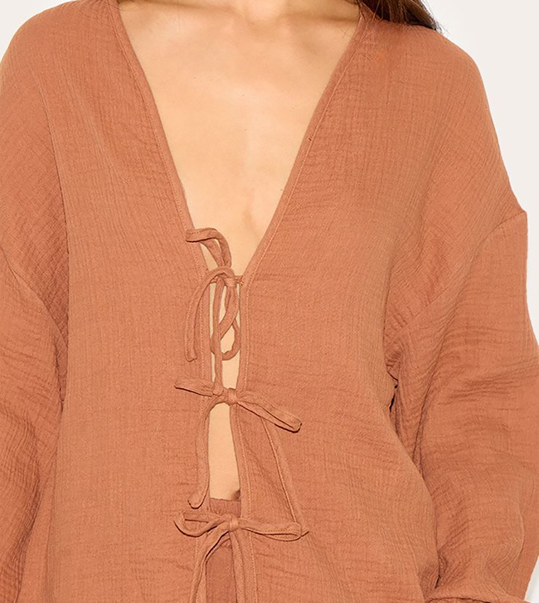 Solid Cheesecloth Textured Tie Front Shirt