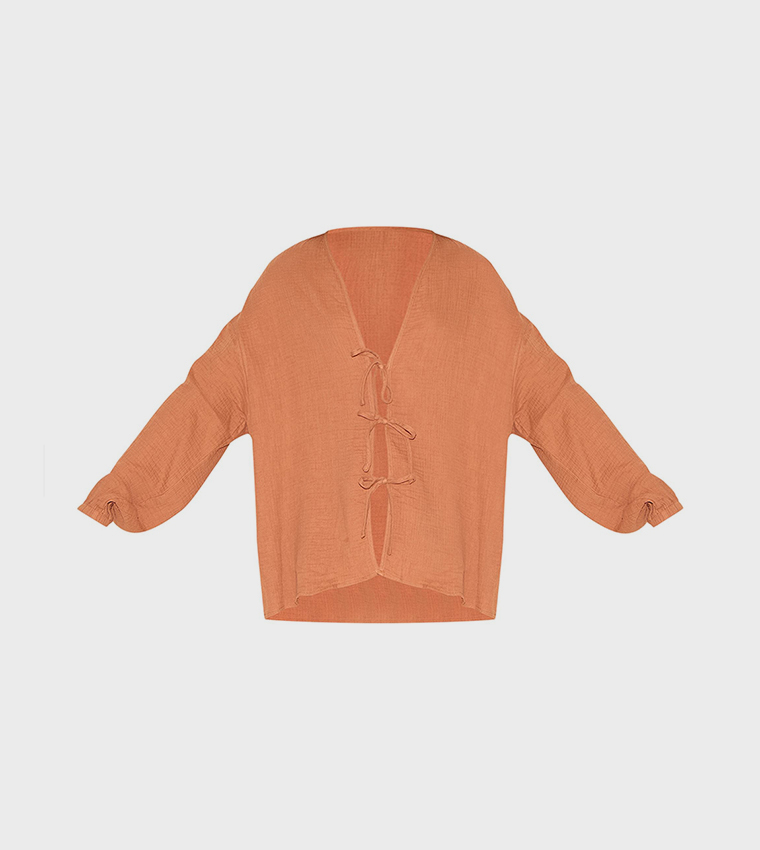 Solid Cheesecloth Textured Tie Front Shirt