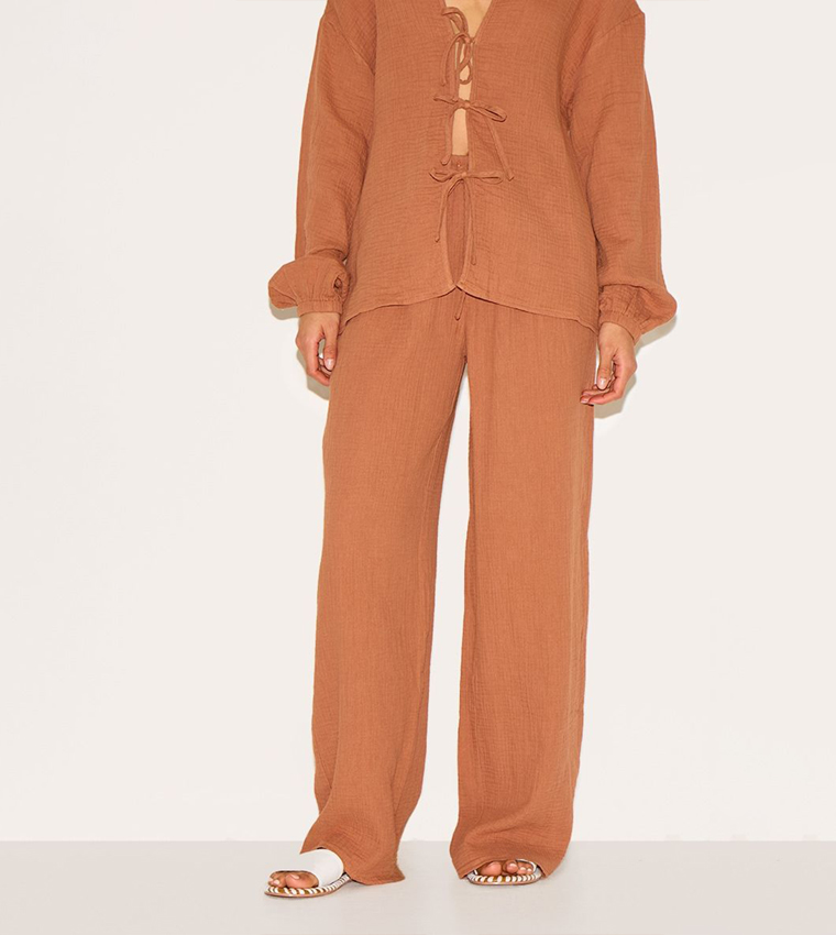 Cheesecloth Textured Wide Leg Trousers