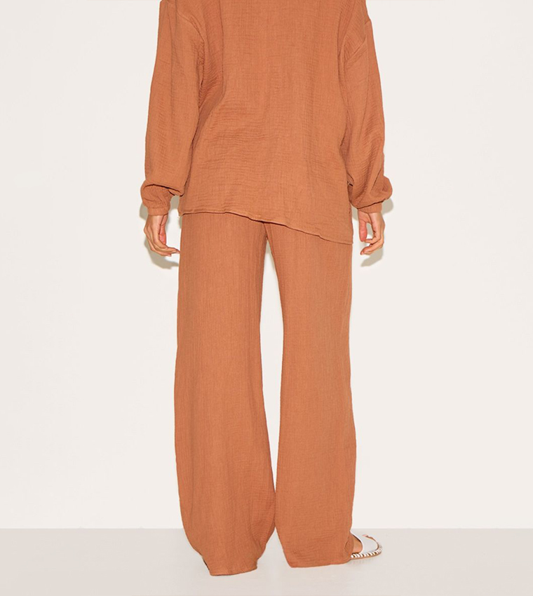 Cheesecloth Textured Wide Leg Trousers