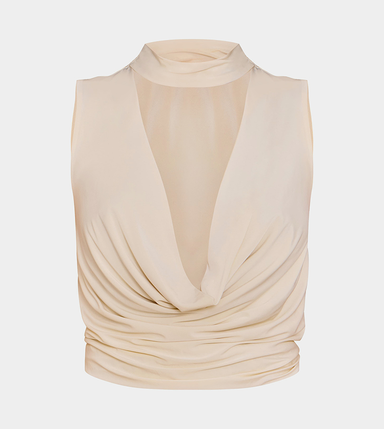 Double Layer Slinky Cowl Neck Crop Top