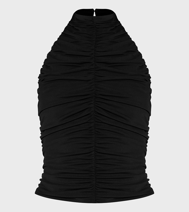 Ruched Backless Halterneck Mesh Top