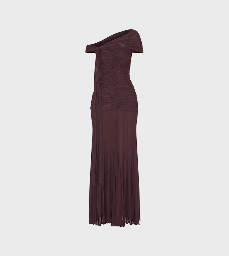 Lined Mesh Bardot Maxi Dress