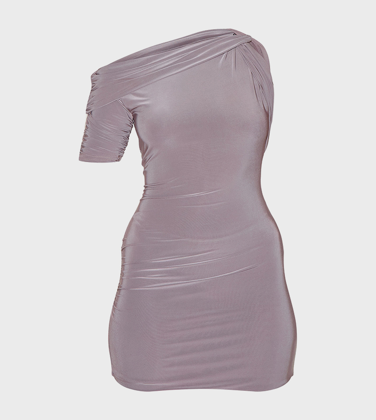 Double Layer Slinky Ruched One Shoulder Mini Dress