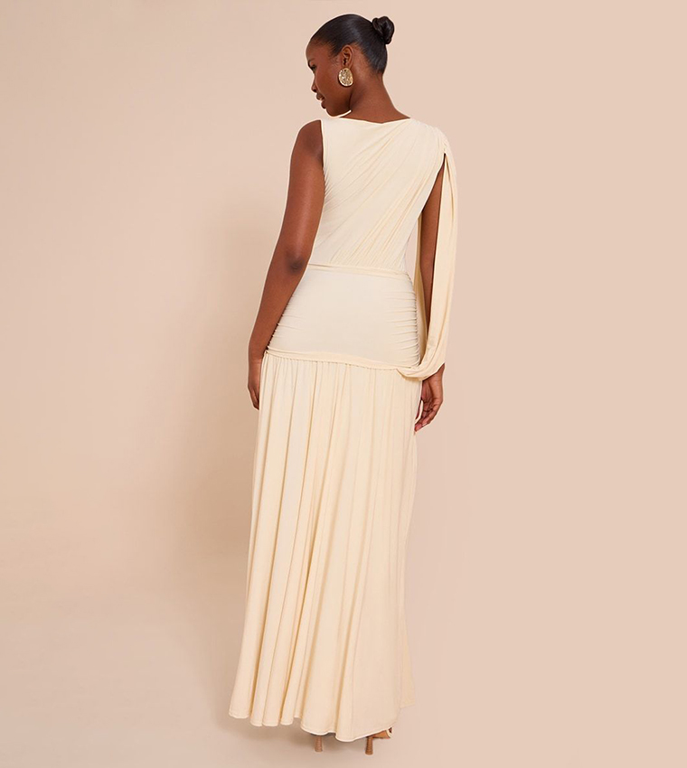 Double Layer Slinky Ruched One Shoulder Maxi Dress