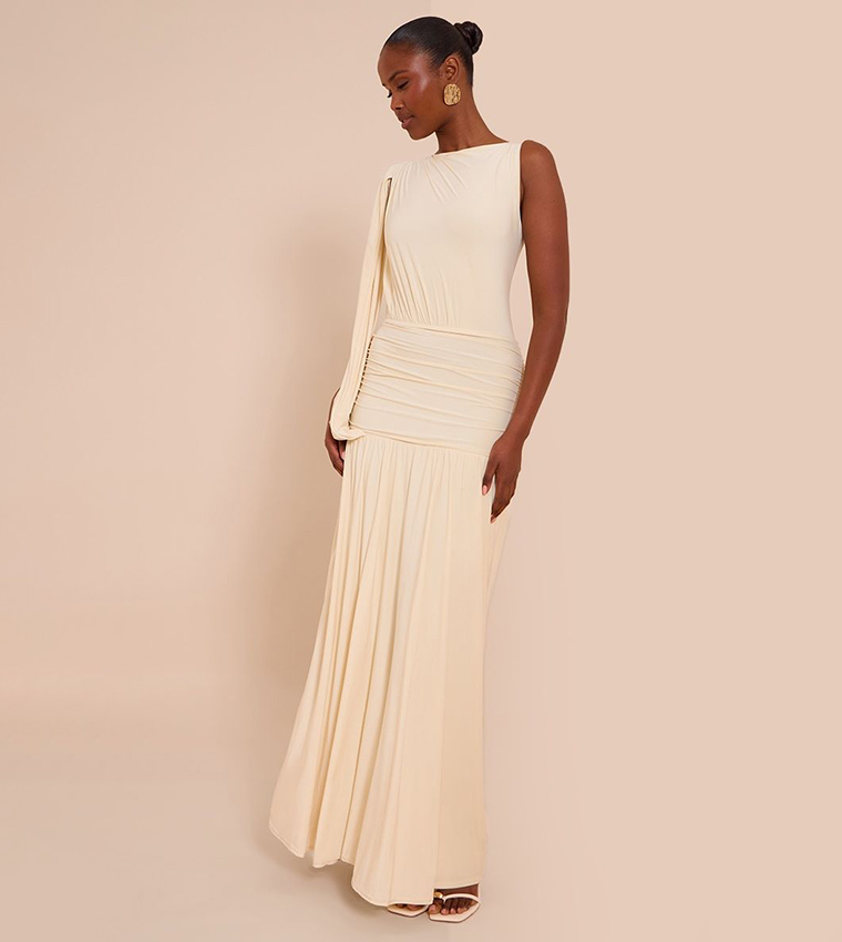 Double Layer Slinky Ruched One Shoulder Maxi Dress