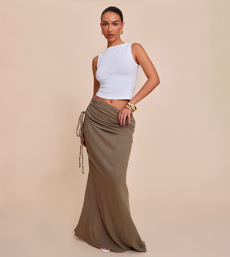 Buy PrettyLittleThing Linen Look Ruched Waist Maxi Skirt In Green