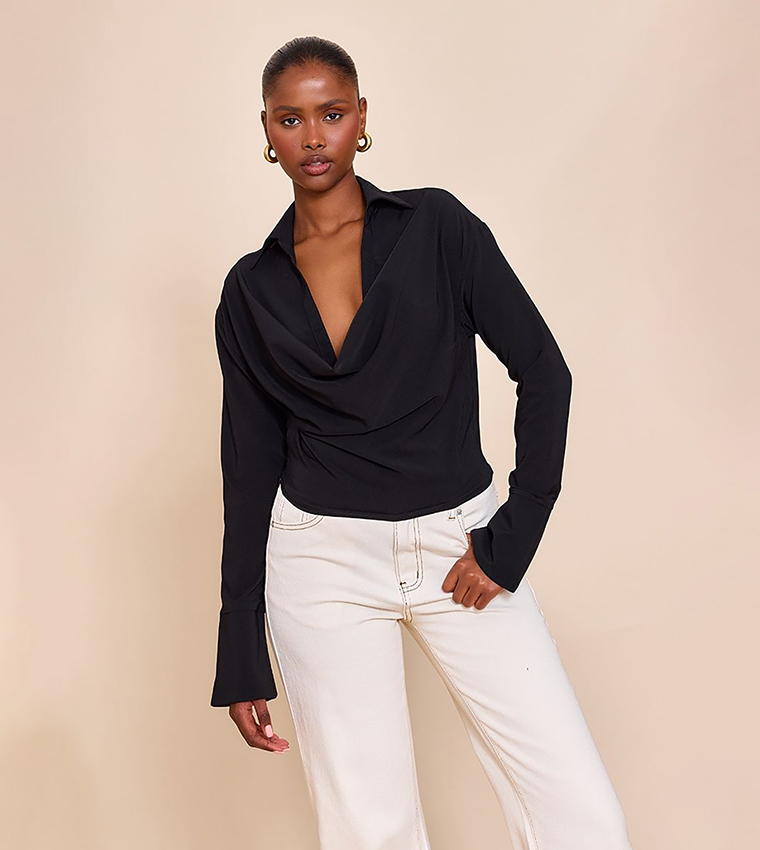 Buy PrettyLittleThing Solid Chiffon Cowl Neck Top In Black