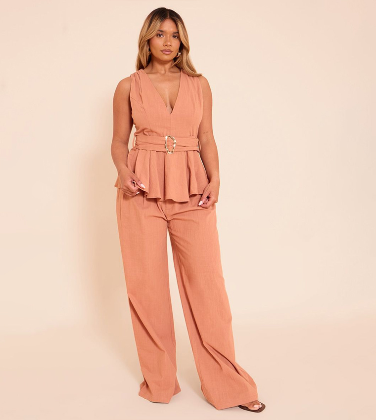Shape Linen Trim Belted Peplum Top