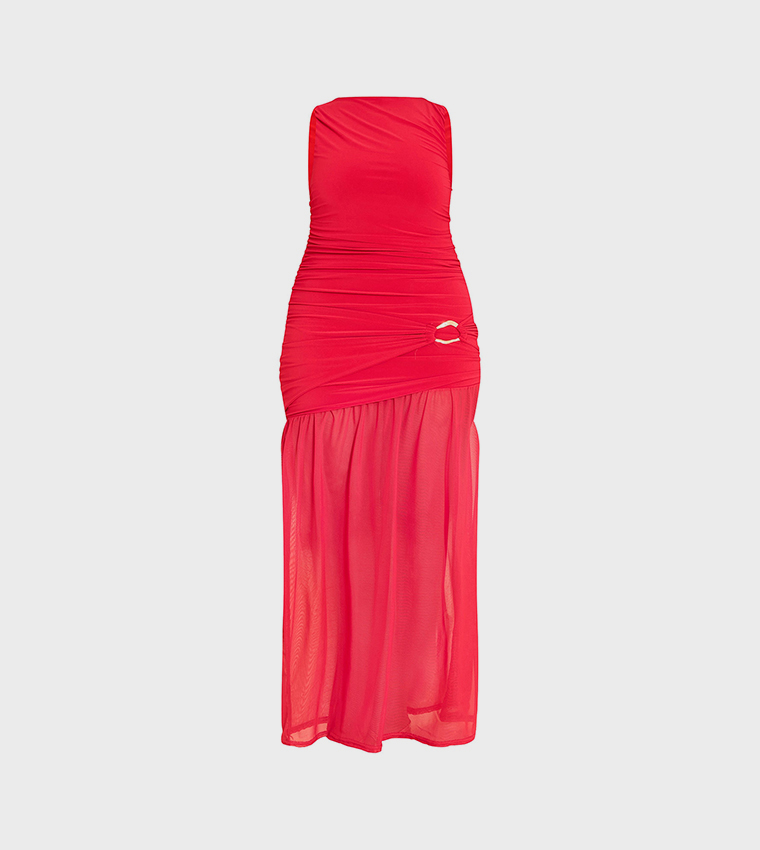 Shape Boat Neck Ruched Dropped Hem Maxi Dress