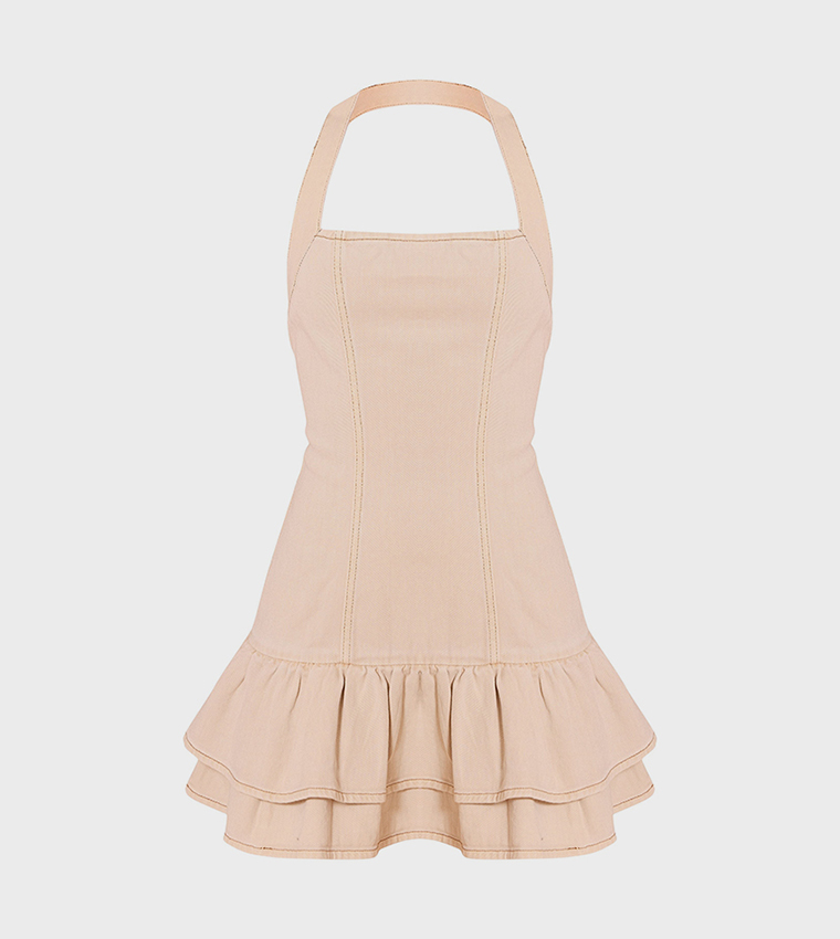 فستان قصير جينز بياقة هالتر للمقاسات الطويلة