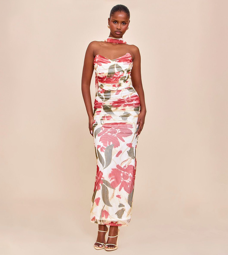 Floral Printed Scarf Detail Ruched Maxi Dress