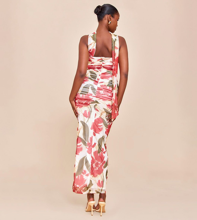 Floral Printed Scarf Detail Ruched Maxi Dress