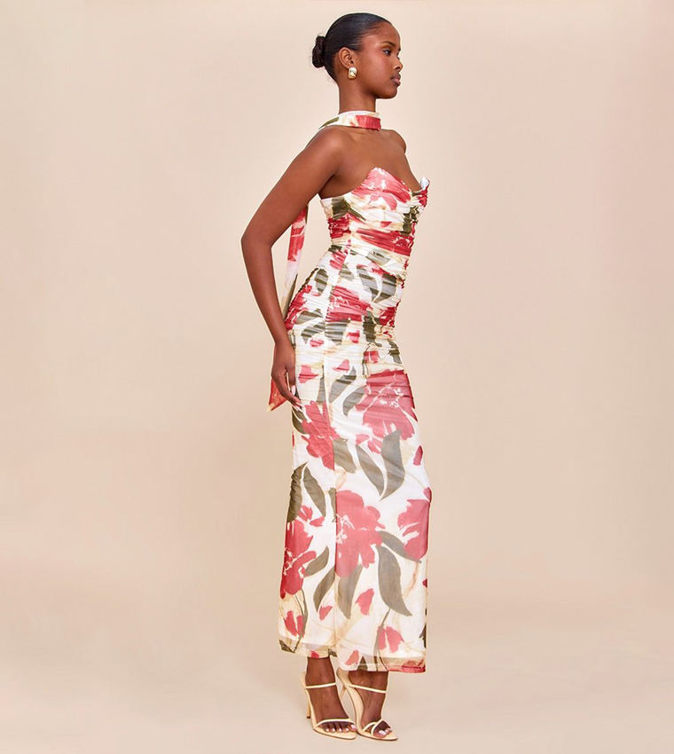 Floral Printed Scarf Detail Ruched Maxi Dress