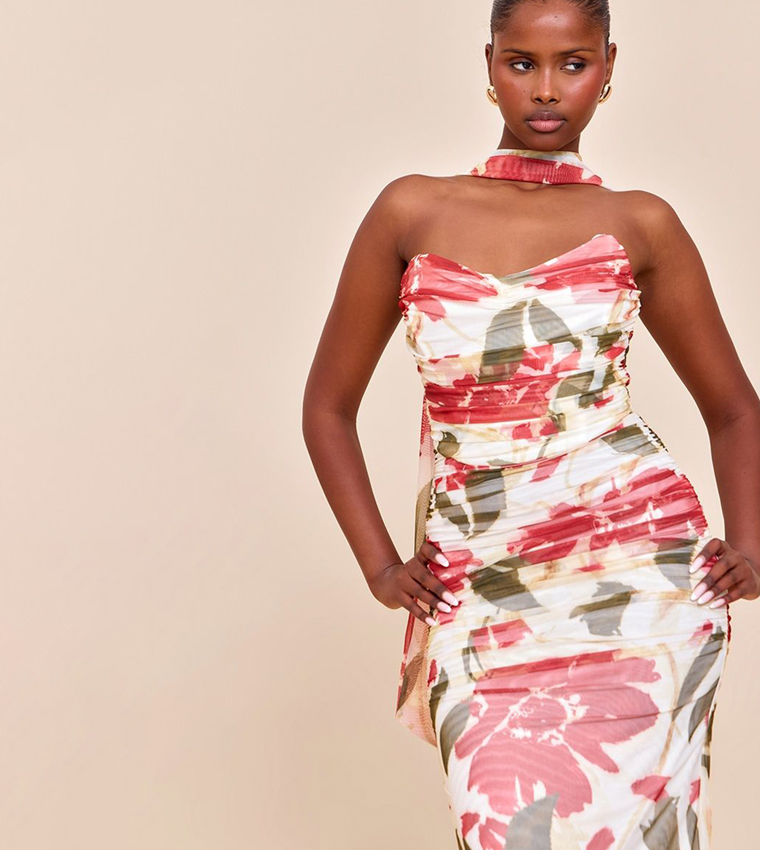 Floral Printed Scarf Detail Ruched Maxi Dress