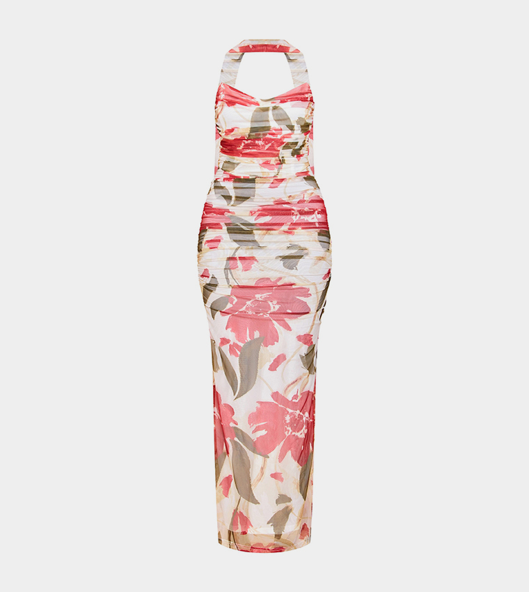 Floral Printed Scarf Detail Ruched Maxi Dress