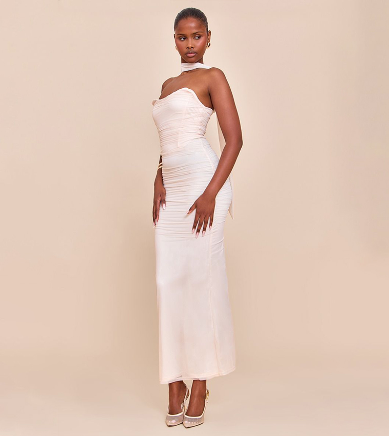 Scarf Detail Ruched Maxi Dress