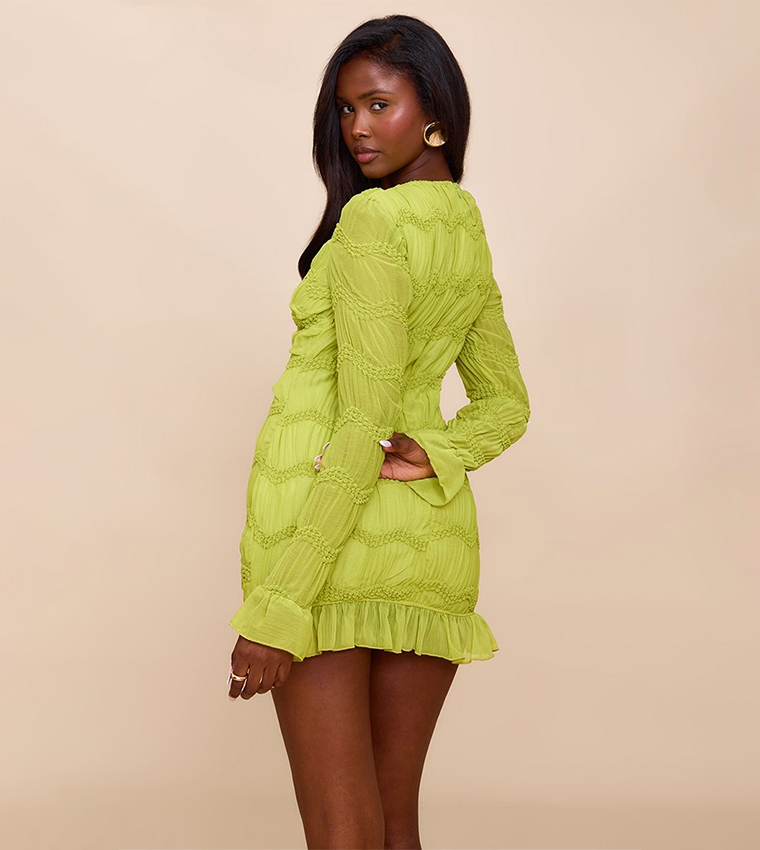 Textured Long Sleeves Boat Neck Mini Dress