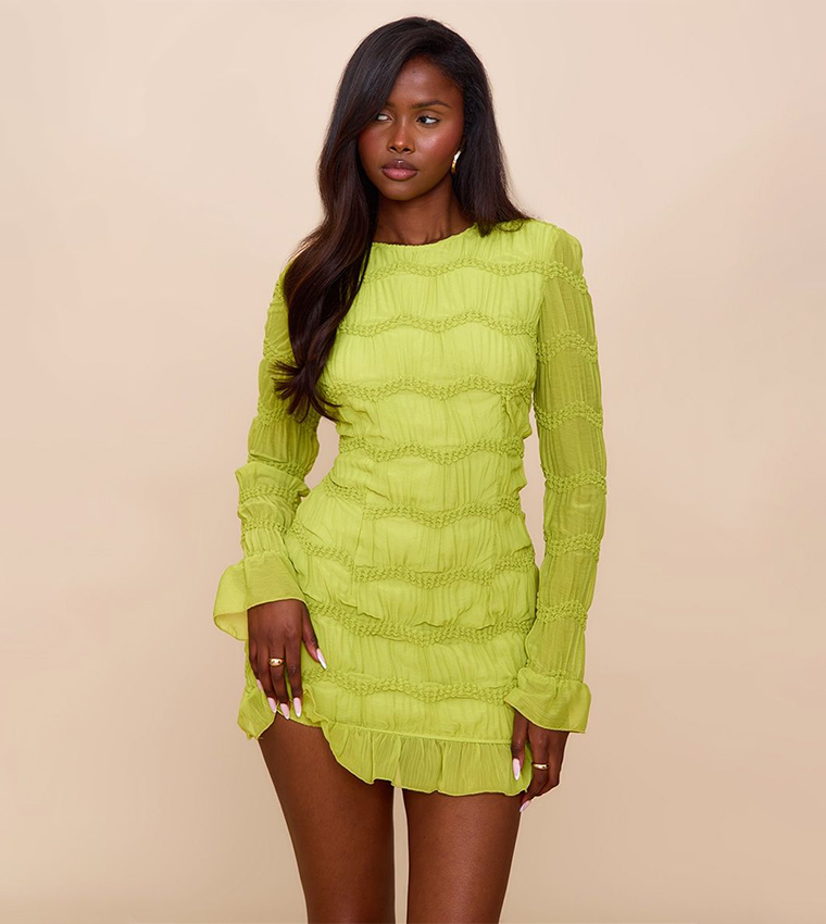 Textured Long Sleeves Boat Neck Mini Dress