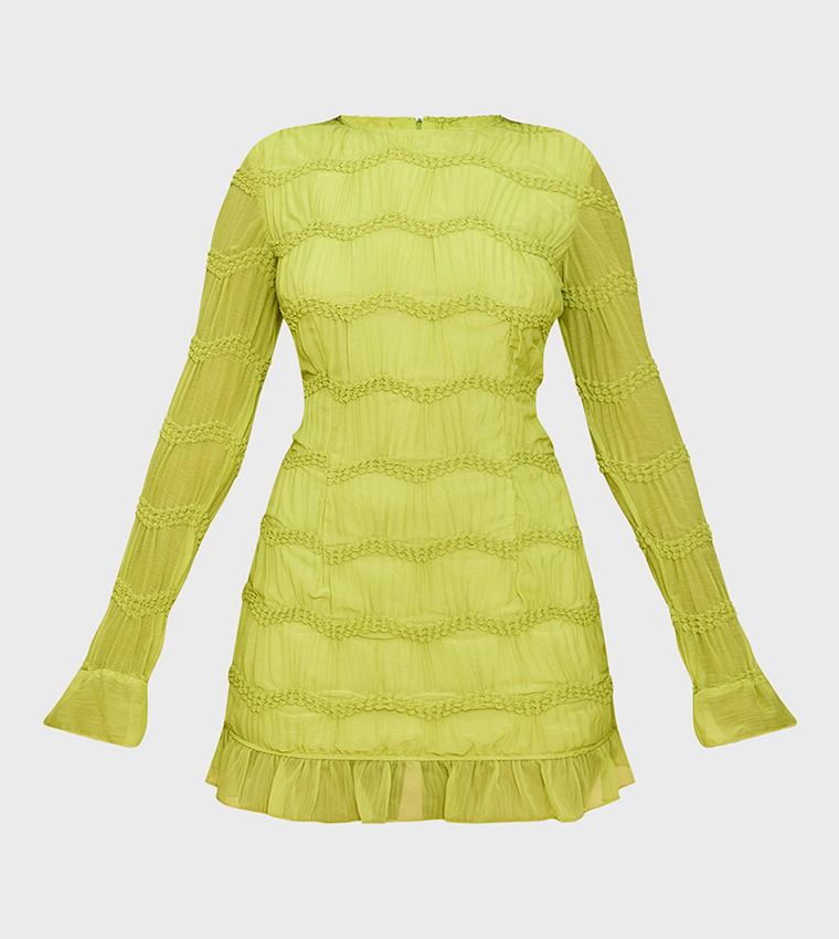 Textured Long Sleeves Boat Neck Mini Dress