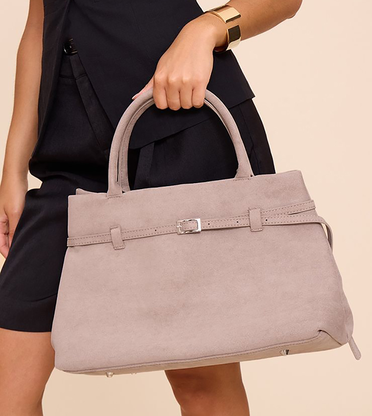 Suede Buckle Detail Structured Tote Bag