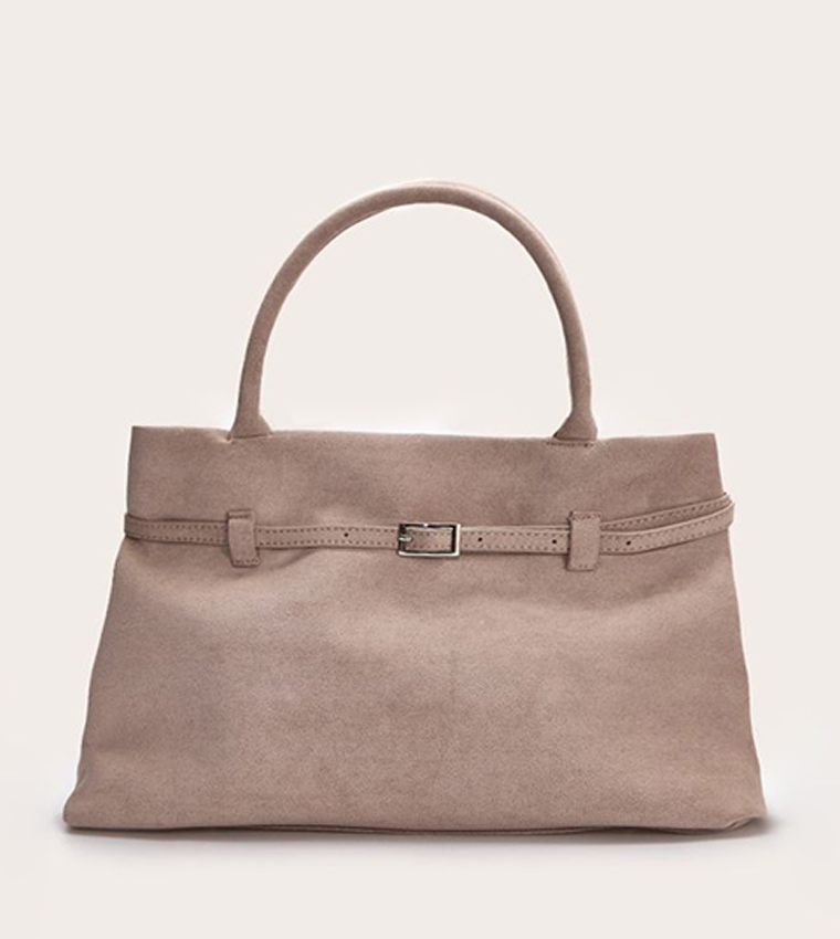 Suede Buckle Detail Structured Tote Bag