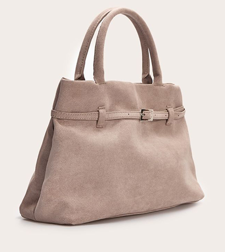 Suede Buckle Detail Structured Tote Bag